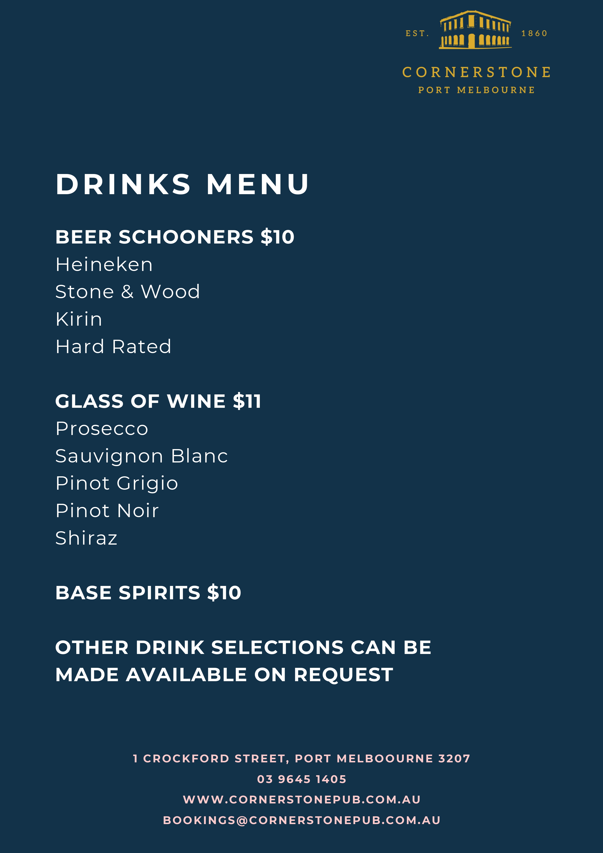 Cornerstone Pub events menu page 4 - final page of event catering menu with additional options, pricing, and booking information for functions